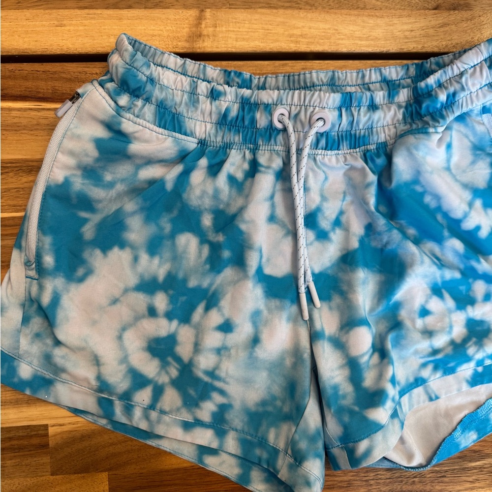Athleta Girl All Play 3" Short Blue White Tie‎ Dye Athletic Pockets XL 14 Kids